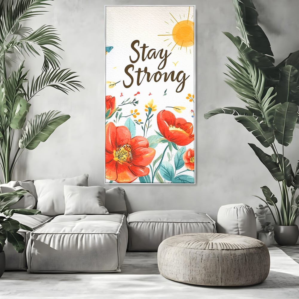 Tablou canvas cu tablou motivational cu flori si soare, in rama de aluminiu argintiu, pe perete intr-un living